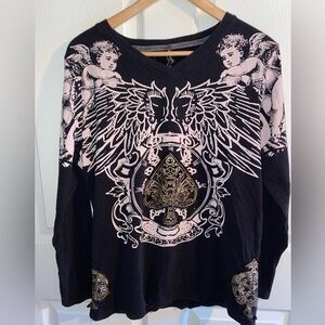 Black Spade Women’s Long Sleeve Shirt, Angels Written in Rhinestone Size Large